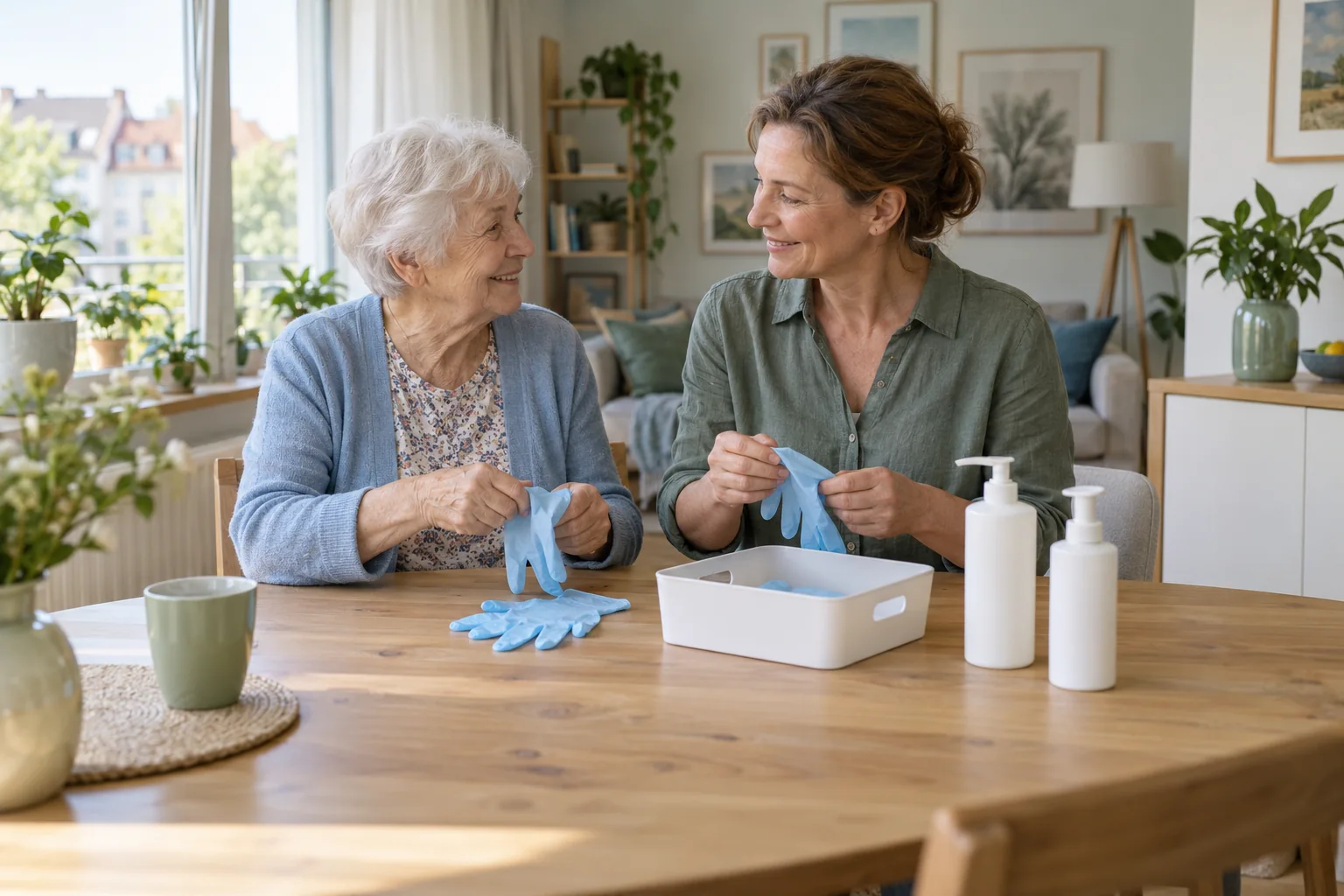Eine Seniorin und ihre Tochter ordnen gemeinsam Handschuhe und unbeschriftete Flaschen am Tisch.
