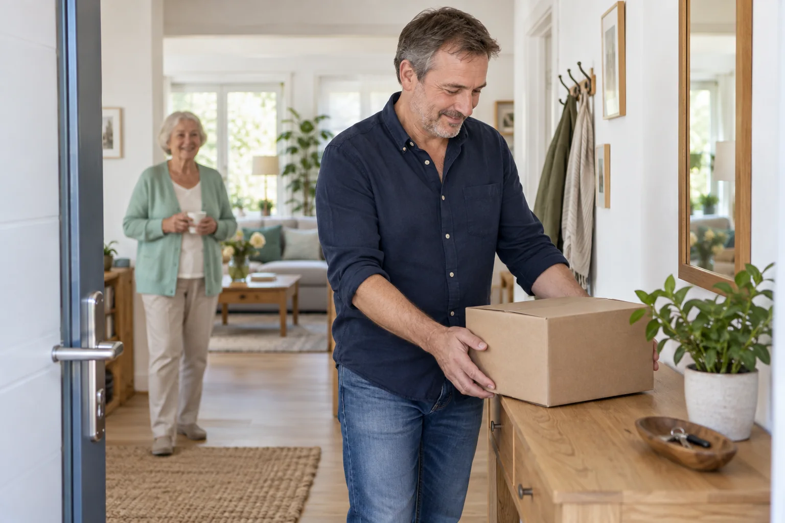 Ein Angehöriger stellt ein schlichtes Paket im Eingangsbereich einer Wohnung ab.
